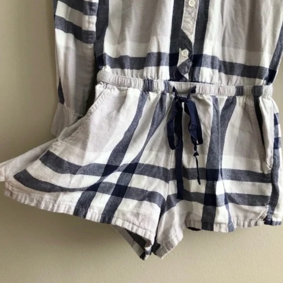 Aerie Comfy Cozy Button Down Long Sleeve Plaid Flannel Pj Pajama Romper Blue - Picture 5 of 11